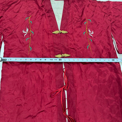 Vintage 80s Peacock Embroidered Satin Robe Kimono Frog Closure Burgundy Sz L
