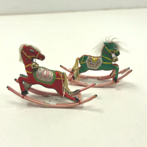 Vintage Lot of 2 Zari Embroidered Rocking Horse Christmas Ornaments w/ Bells