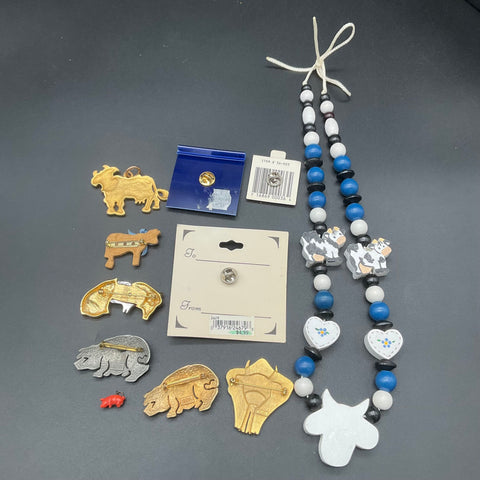 Vintage AJC Cow Pig Farmhouse Jewelry Lot Necklace Brooches Pins Mixed 11 Piece