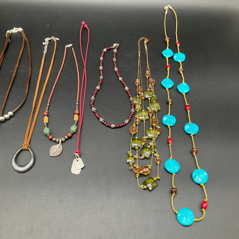 Mixed Costume Jewelry Necklace Lot 10 Pc Boho Beaded Earthy Silver Gold Tone