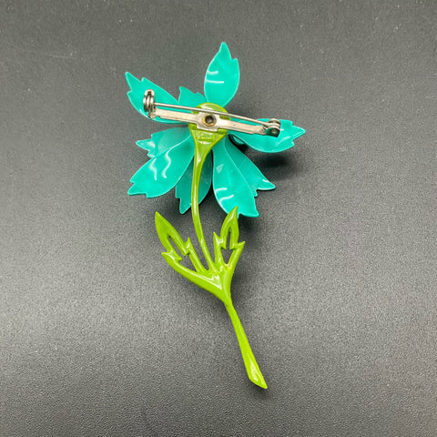 Vintage Mid-Century Enamel Flower Brooches Lot of 2 Red Poinsettia Teal Retro