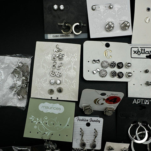 Mixed Costume Earrings Jewelry Lot 25+ Pairs Silver Tone Rhinestone Brands
