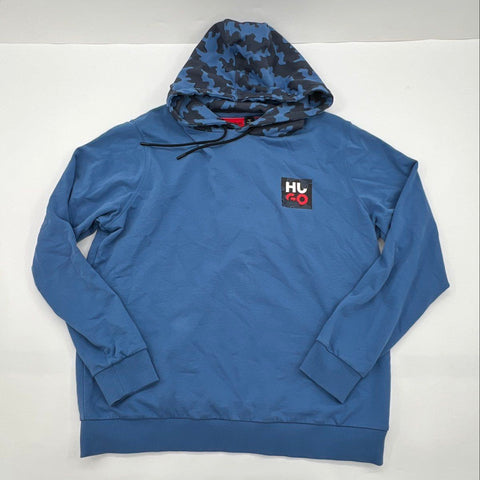 HUGO Men's Blue Hoodie Camo Lined Hood Logo Patch Pullover Sweatshirt Sz XL