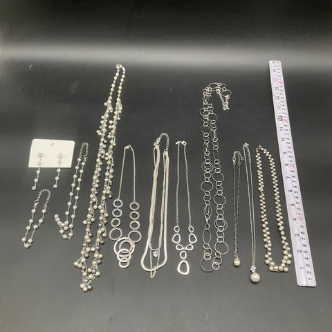 Mixed Silver Tone & Faux Pearl Costume Jewelry Lot 11 Pcs Necklaces Earrings