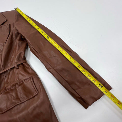 Avec Les Filles Womens Brown Faux Leather Double Breasted Trench Coat Size L