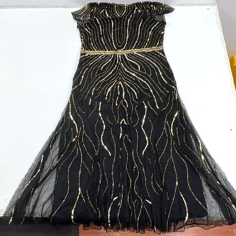 Ashro Black Gold Beaded Sequin Art Deco Flapper Style Gown Dress Size 16W