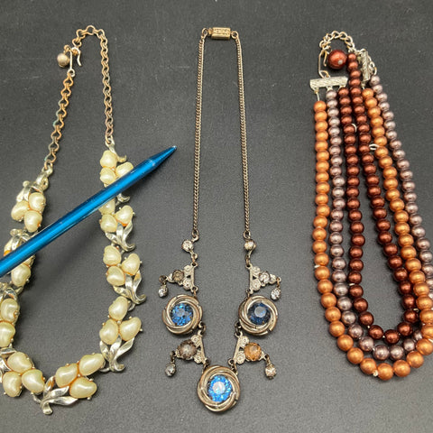 Vintage Costume Jewelry Lot of 5 Necklaces Faux Pearl Rhinestone Floral Wear