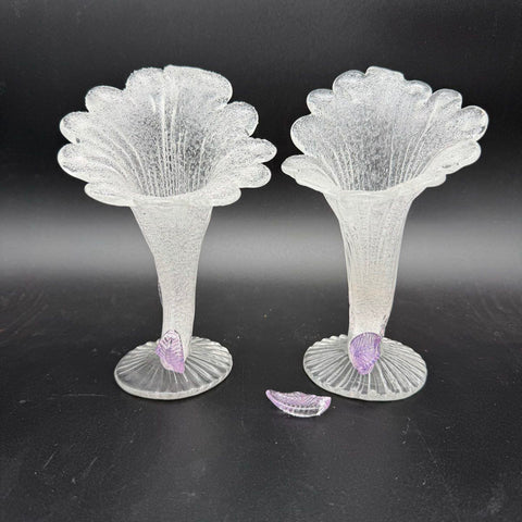 Antique Art Glass Vase Set of 2 Crackle Ice Texture Purple Leaf Accent C.1900