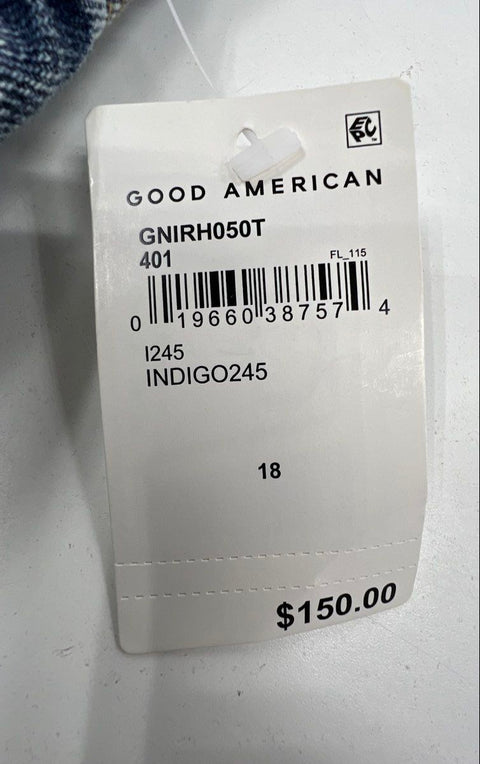 Good American Women's Good '90s Jeans Indigo Distressed Baggy Raw Hem NWT Sz 18