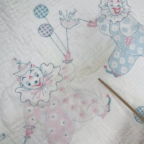 Vintage Hand Embroidered Baby Quilt Stamped Clown Circus Crib Blanket Pink Blue