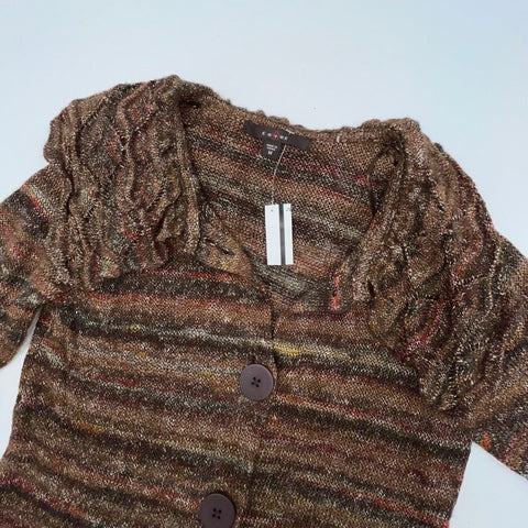 Fever NWT Women's Brown Multicolor Striped Ruffle Collar Cardigan Sweater Sz M