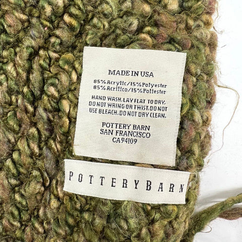 Pottery Barn Chunky Boucle Knit Throw Blanket Green Acrylic Blend Tassel Fringe