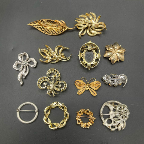 Vintage Brooch Pin Lot of 13 Rhinestone Faux Pearl Gold and Silver Tone