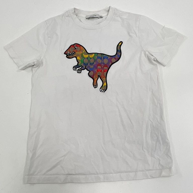 Men's Coach White & Rainbow Logo Dinosaur Short Sleeve T-shirt - Size Small