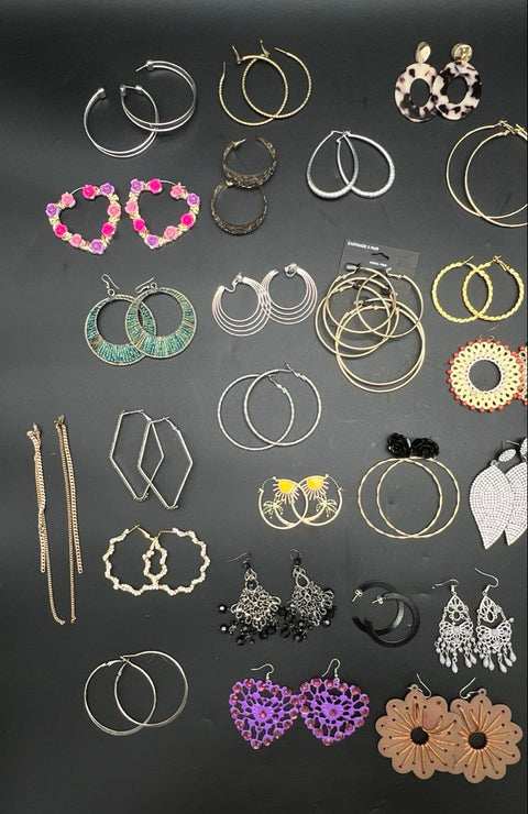 Costume Jewelry Earring Lot of 33 Pairs Hoops Dangles Drops Boho Mixed Styles