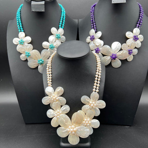 Lot of 3 Mother of Pearl Carved Flower Statement Necklaces Beaded Pearl & Stone