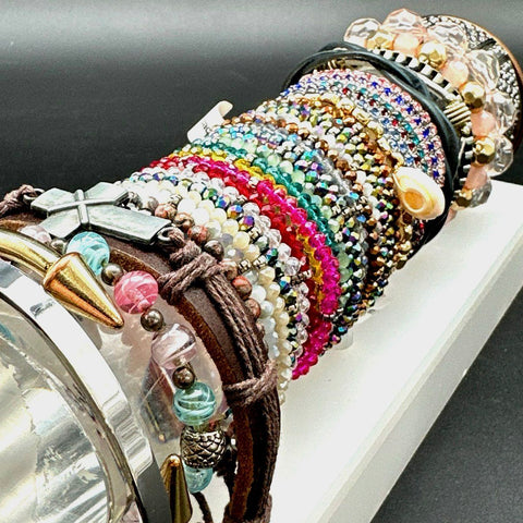 Boho Eclectic Jewelry Lot Beaded Rhinestone Cuff Leather Bracelets 30+ Pieces
