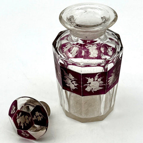 Bohemian Style Cut Glass Decanter Amethyst Purple Stained Etched Floral Vintage