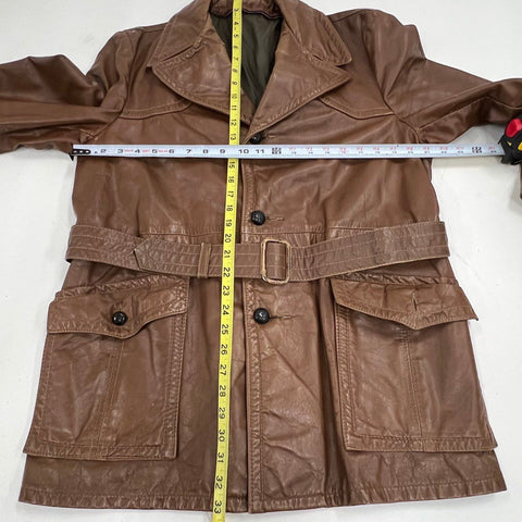 Vintage 70s R. Sherman Men's Brown Leather Belted Safari Field Jacket M