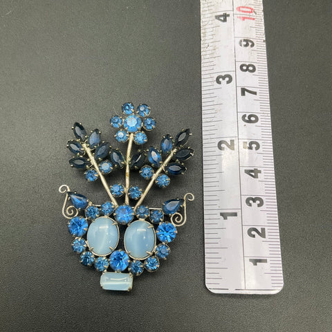 Vintage Silver Tone Blue Rhinestone Faux Moonstone Flower Basket Brooch Pendant