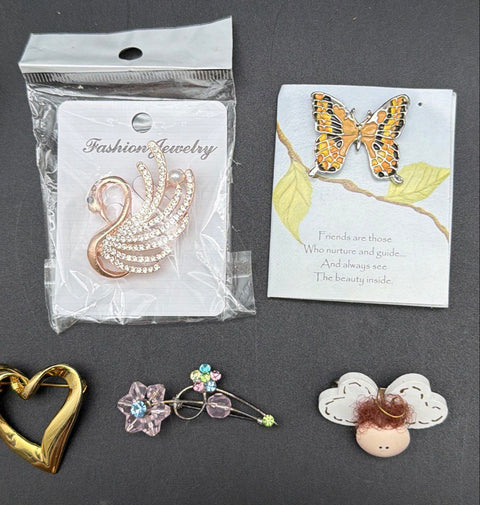 Vintage to Modern Costume Jewelry Lot 14 Brooches Pins Rhinestone Enamel Pearl