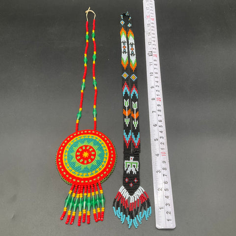 Vintage Seed Bead Jewelry Lot of 2 Thunderbird Loom Woven & Medallion Necklaces