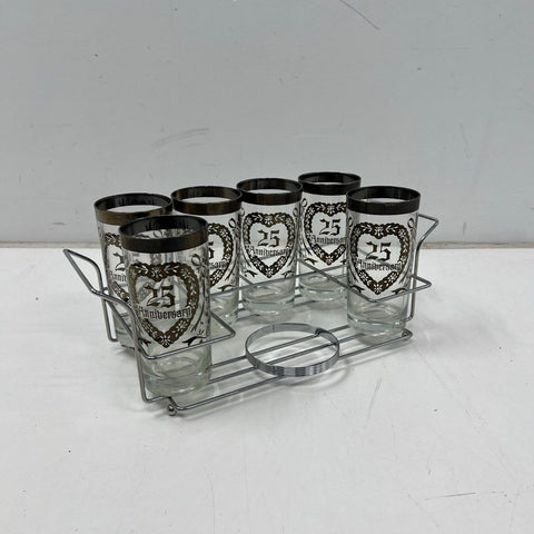 Vintage 25th Anniversary Glasses Set of 6 Silver Trim Tumblers With Wire Caddy