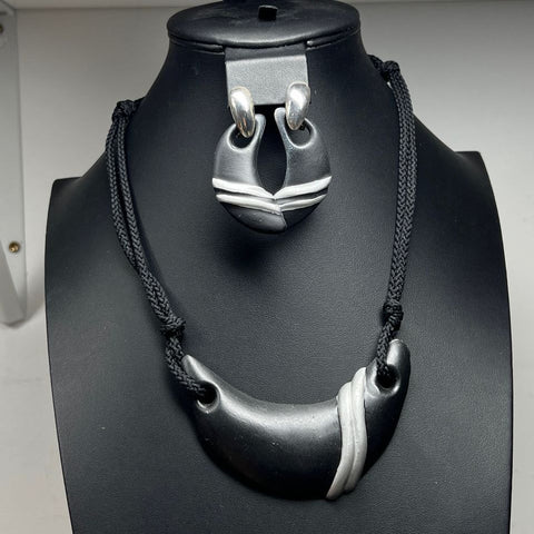 Unique Black Clay Earrings and Necklace Set