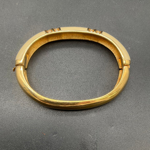 Vintage Swarovski Gold Tone Cream Enamel Crystal Hinged Bangle Bracelet 6.5"
