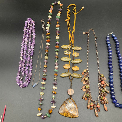 Natural Stone Necklace Jewelry Lot 9 Pieces Amethyst Lapis Tiger's Eye Peridot