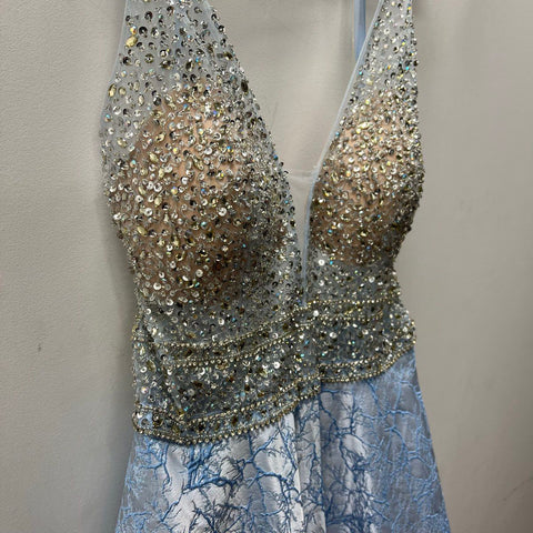 Morilee 43075 Blue Silver Beaded Bodice Halter Prom Gown Dress Women's 16