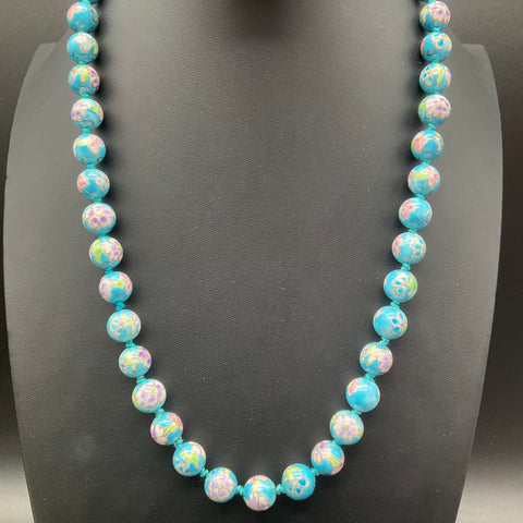 Vintage Chinese Export Cloisonné Floral Bead Necklace 25" Silver Clasp