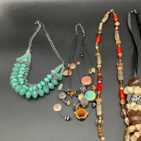 Boho Tropical Shell Beaded Necklace Jewelry Lot 7pcs Kukui Nut Bib Multi-Strand