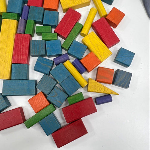 Vintage Playskool Duffle Bag O'Blocks Wooden Building Blocks Toy Lot with Bag