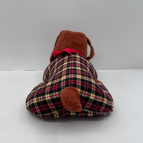Vintage 1960s Dog Plushie Plaid Brown Faux Fur Stuffed Animal 20 Inch Large