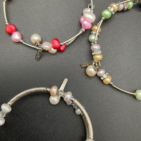Vantel Pearls Silver Tone Pearl Crystal Bracelet Lot 8pc Beaded Wrap Bangle