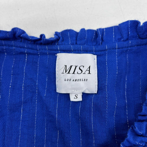 Misa Los Angeles Women's Blue Metallic Pinstripe Tiered Ruffle Mini Dress Sz S
