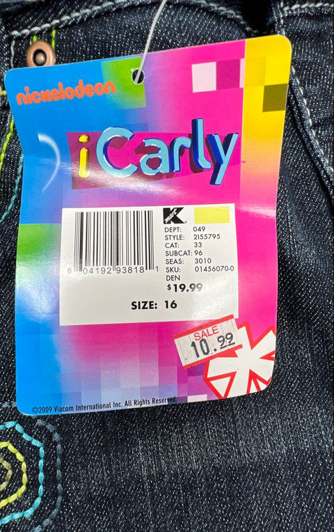iCarly Girls Dark Wash Embroidered Jean Shorts Capris Sash Belt Sz 16 NWT Y2K