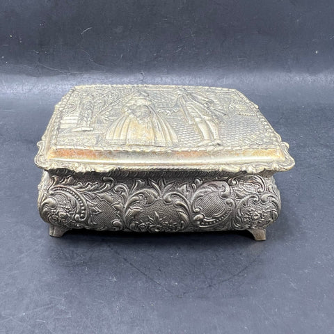 Vintage Silver Tone Courting Couple Repousse Jewelry Box Casket Red Velvet Japan