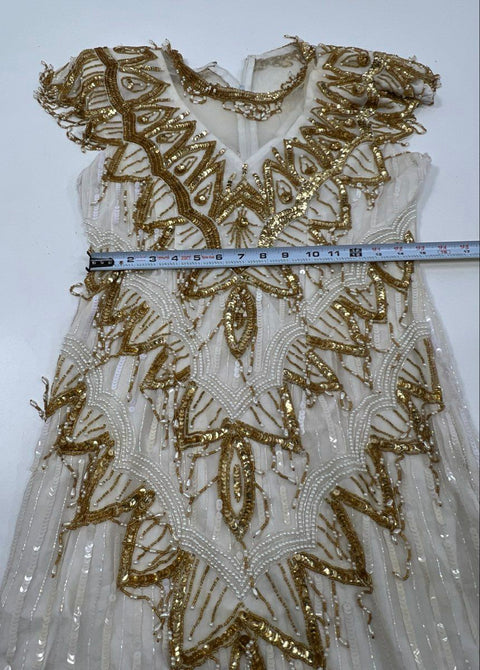 Lawrence Kazar Women's White Gold Vintage 90s Beaded Sequin Silk Dress Sz M