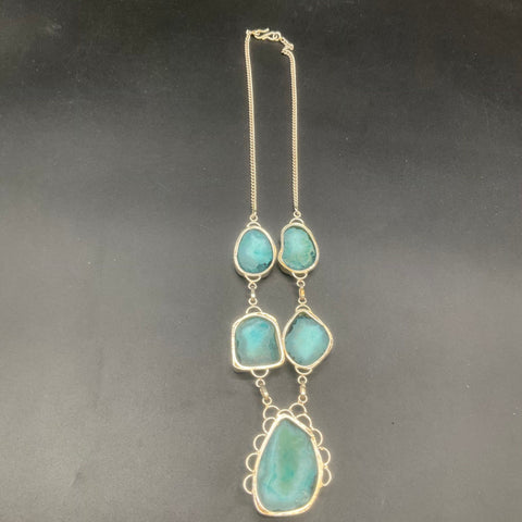 Teal Agate Geode Slice Statement Necklace Silver Tone Bezel Link 20"