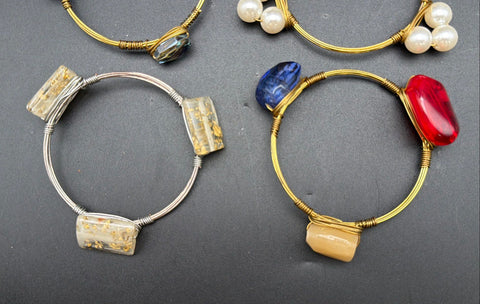 Wire Wrapped Bangle Bracelet Jewelry Lot 6pc Gold Silver Tone Faux Pearl Stone