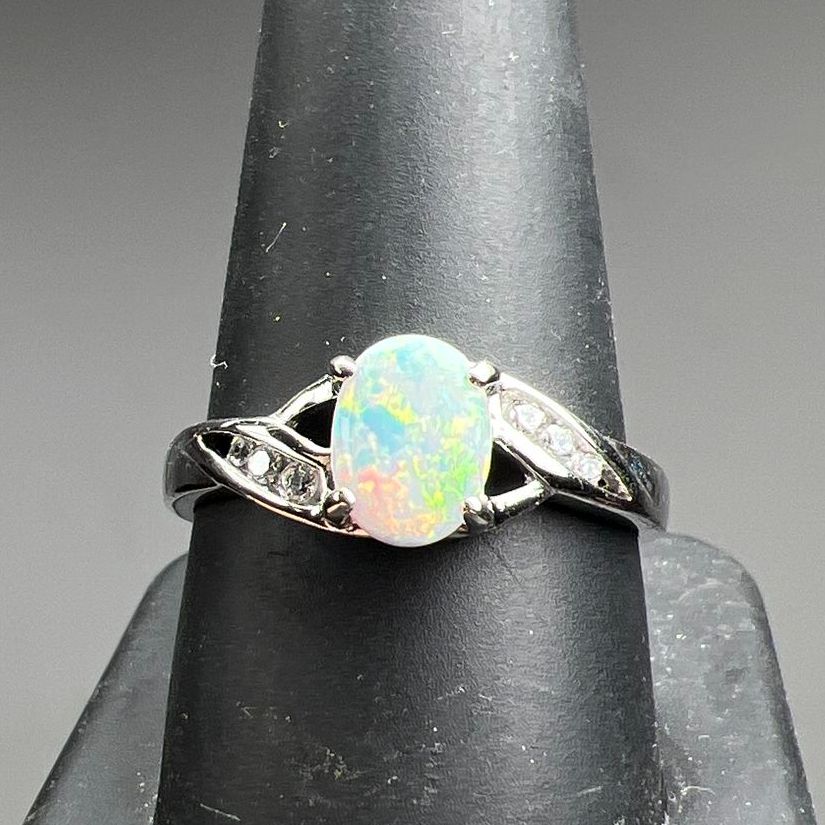 925 Sterling Silver Opal & Rhinestone Ring 2.69g Size 10