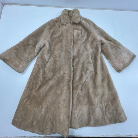 Vintage Halldon Women's Beige Faux Fur Swing Coat A-Line Frog Closure