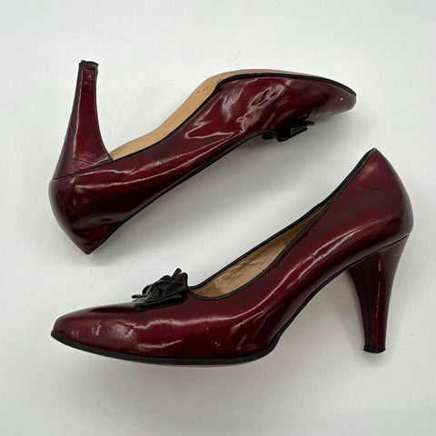 Vintage 80s Nickels Burgundy Patent Leather Bow Pumps Made In Italy Size 8.5 M