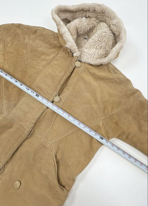 Vintage 90s Words Women's Tan Hooded Leather Suede Faux Fur Lined Coat Sz S