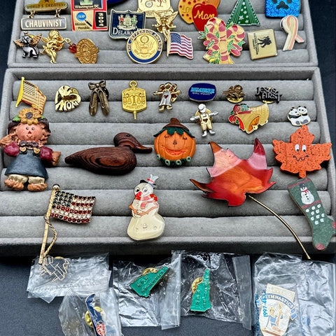 Vintage Lapel Pin Lot 50 Pcs Mixed Themes Holiday Patriotic Enamel Wood