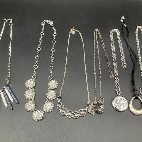 Costume Jewelry Necklace Lot 10pc Silver Tone Rhinestone Statement Pendant Bib