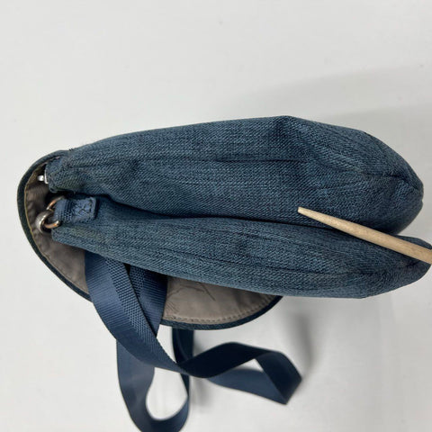 Haiku Blue Canvas Flap Crossbody Bag RFID Blocking Purse Silver Hardware