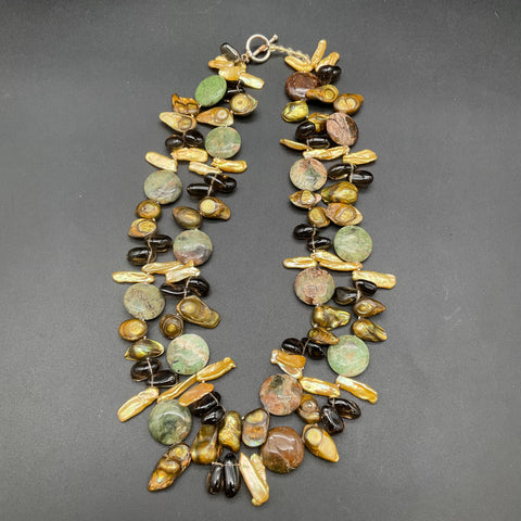 Artisan Polished Stone Necklace Lot of 3 Agate Style Citrine Tone Stick Pearls